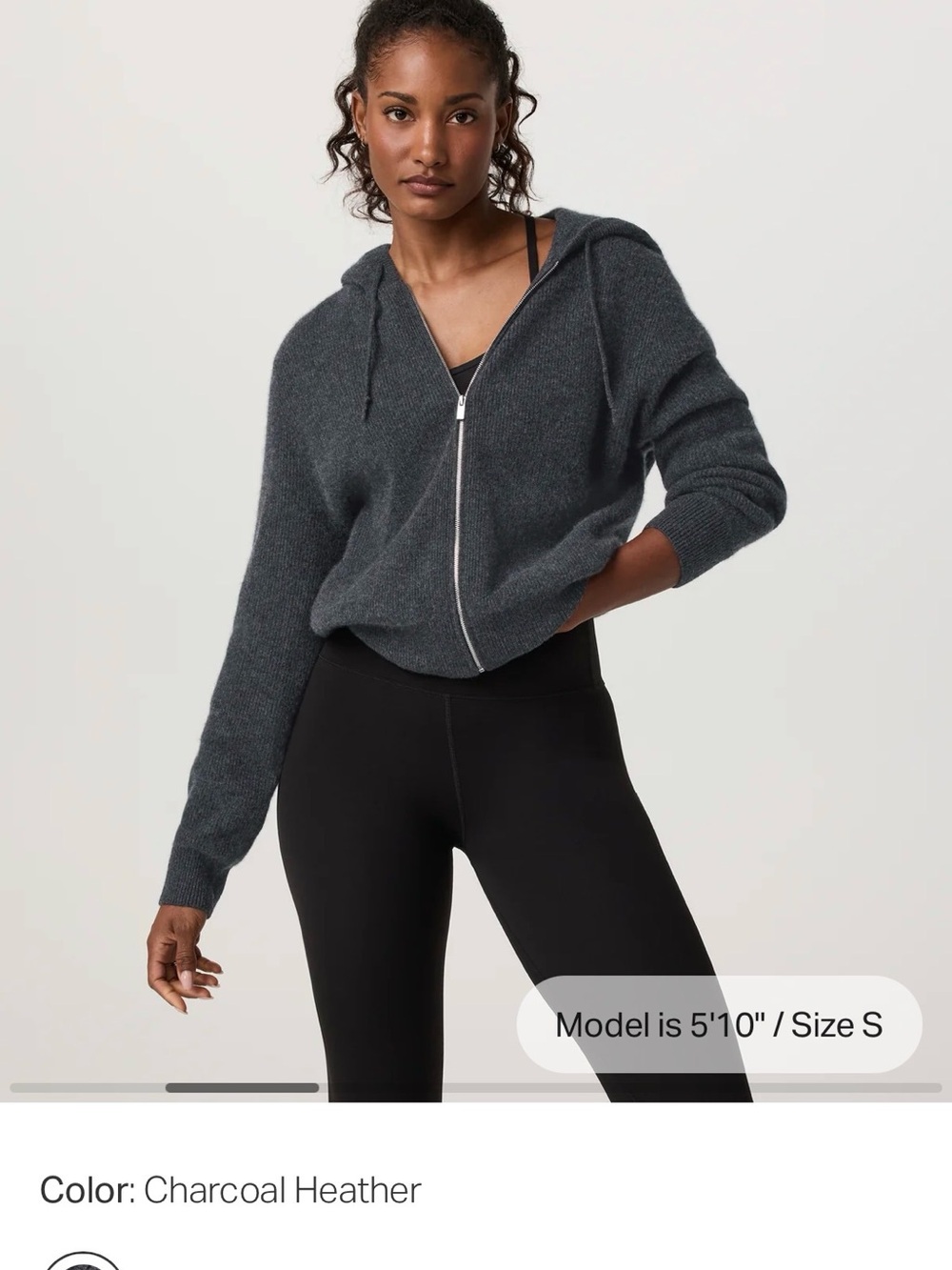 Vuori Emilie Cashmere Charcoal Heather Zip-Front Hooded Sweater